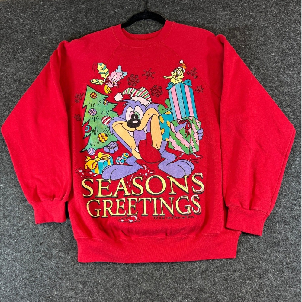Vintage 90s Taz Seasons Greetings Sweatshirt Red Warner Bros 1993 Mens XL
